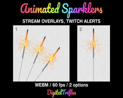 Golden sparklers Twitch overlay, animated stream alerts. New Year’s Eve, Fourth of July, birthday, anniversary stream decoration. Beautiful firework sparkler overlays with transparent background for holiday theme for streaming scenes