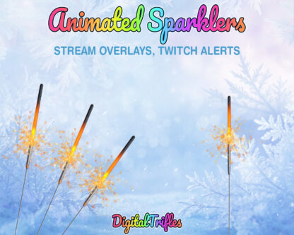 Golden sparklers Twitch overlay, animated stream alerts. New Year’s Eve, Fourth of July, birthday, anniversary stream decoration. Beautiful firework sparkler overlays with transparent background for holiday theme for streaming scenes