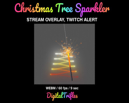 Glowing Christmas tree, sparkler writing, Twitch overlay, animated alert, stream decoration. Beautiful firework sparkler overlays with transparent background for streaming scenes, Christmas and New Year’s Eve themed