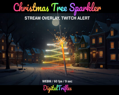 Glowing Christmas tree, sparkler writing, Twitch overlay, animated alert, stream decoration. Beautiful firework sparkler overlays with transparent background for streaming scenes, Christmas and New Year’s Eve themed