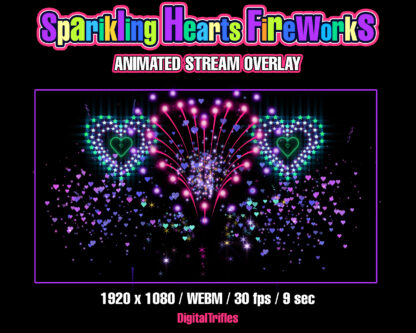 Sparkling beautiful fireworks, animated full screen Twitch alert, stream overlay. Glowing love hearts shaped fireworks and confetti