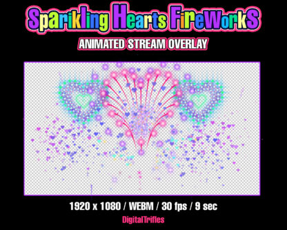 Sparkling beautiful fireworks, animated full screen Twitch alert, stream overlay. Glowing love hearts shaped fireworks and confetti