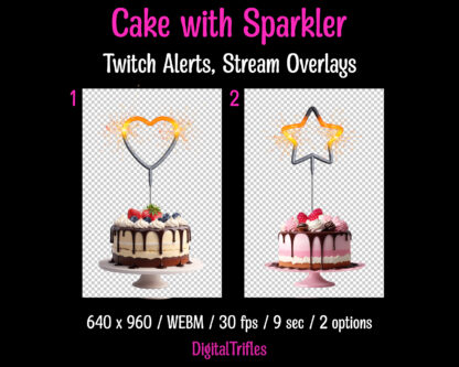 Cake with sparklers, Twitch overlays, animated alerts and stream decoration. Sweet and aesthetic Twitch alerts, cake with star shaped sparklers and cake with heart shaped sparklers, animated, transparent background