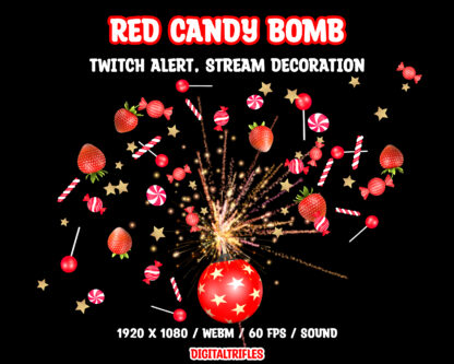 Animated Twitch alert, red candy bomb blast, sweet fireworks, stream overlay, fullscreen video asset with transparent background and shoot sound