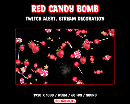 Animated Twitch alert, red candy bomb blast, sweet fireworks, stream overlay, fullscreen video asset with transparent background and shoot sound