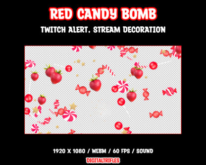 Animated Twitch alert, red candy bomb blast, sweet fireworks, stream overlay, fullscreen video asset with transparent background and shoot sound