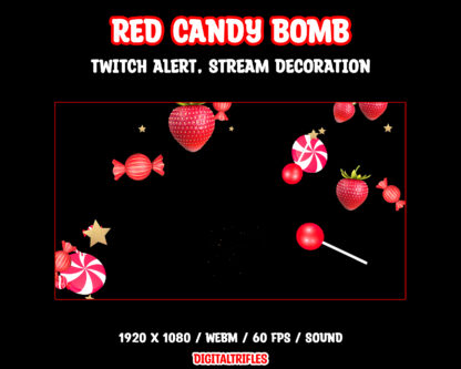 Animated Twitch alert, red candy bomb blast, sweet fireworks, stream overlay, fullscreen video asset with transparent background and shoot sound