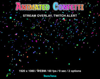 Animated Twitch alerts confetti shooting, stream overlays with transparent background, full screen stream decoration, bright multicolored star confetti, 2 options - single shot and double