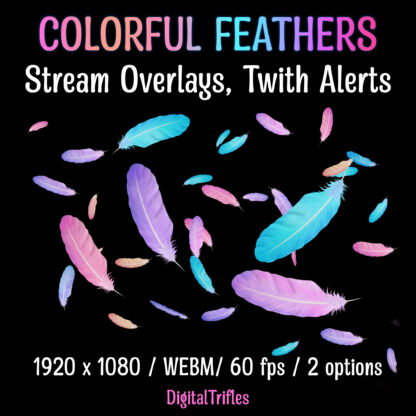 Animated Twitch overlays with falling colorful feathers. These fullscreen alerts are perfect for streamers and VTubers looking to add soft, pastel, and kawaii vibes to their streams