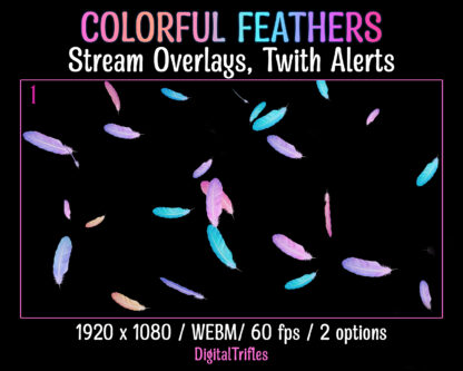 Animated Twitch overlays with falling colorful feathers. These fullscreen alerts are perfect for streamers and VTubers looking to add soft, pastel, and kawaii vibes to their streams