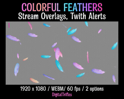 Animated Twitch overlays with falling colorful feathers. These fullscreen alerts are perfect for streamers and VTubers looking to add soft, pastel, and kawaii vibes to their streams