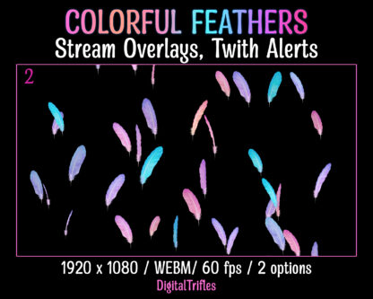 Animated Twitch overlays with falling colorful feathers. These fullscreen alerts are perfect for streamers and VTubers looking to add soft, pastel, and kawaii vibes to their streams