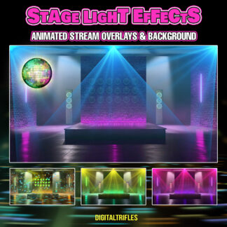 Great stream package of animated stage light effects for streamers and VTubers. Includes looping color-changing laser spotlights, mirror ball light effects, and an aesthetic, stylish loft with brick walls — both animated and static backgrounds. Perfect Twitch overlays and backgrounds for singers, dancers, fitness trainers, DJ parties, future pop stars, karaoke and more