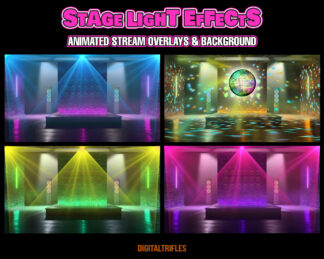 Great stream package of animated stage light effects for streamers and VTubers. Includes looping color-changing laser spotlights, mirror ball light effects, and an aesthetic, stylish loft with brick walls — both animated and static backgrounds. Perfect Twitch overlays and backgrounds for singers, dancers, fitness trainers, DJ parties, future pop stars, karaoke and more