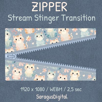 Unique stream transition that zips and unzips fabric with kawaii kittens. The animated zipper makes a perfect stinger transition for smooth scene changes, gameplay entry and exit, just chatting, and more