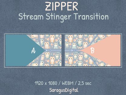 Unique stream transition that zips and unzips fabric with kawaii kittens. The animated zipper makes a perfect stinger transition for smooth scene changes, gameplay entry and exit, just chatting, and more