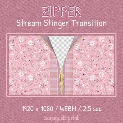 stream transition that zips and unzips fabric with pink flowers. The animated zipper makes a perfect stinger transition for smooth scene changes, gameplay entry and exit, just chatting, and more. Ideal for Streamers and Vtubers. Cute anime aesthetic with a flower theme