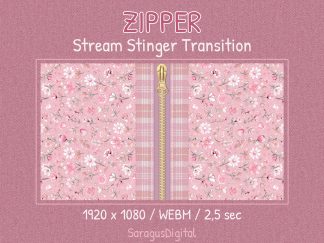 stream transition that zips and unzips fabric with pink flowers. The animated zipper makes a perfect stinger transition for smooth scene changes, gameplay entry and exit, just chatting, and more. Ideal for Streamers and Vtubers. Cute anime aesthetic with a flower theme