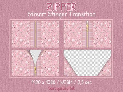 stream transition that zips and unzips fabric with pink flowers. The animated zipper makes a perfect stinger transition for smooth scene changes, gameplay entry and exit, just chatting, and more. Ideal for Streamers and Vtubers. Cute anime aesthetic with a flower theme