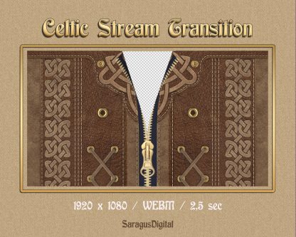 Medieval stream transition that zips and unzips leather armor or corset with Celtic knot design. The animated zipper makes a perfect stinger transition for smooth scene changes, gameplay entry and exit, just chatting, for Streamers and Vtubers