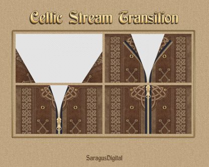 Medieval stream transition that zips and unzips leather armor or corset with Celtic knot design. The animated zipper makes a perfect stinger transition for smooth scene changes, gameplay entry and exit, just chatting, for Streamers and Vtubers