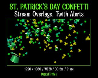 St. Patrick's Day animated alert and stream decoration. Festive confetti from clover leaves, green beer and green hats. Fullscreen Twitch overlay with a transparent background, funny decor for streamers and VTubers