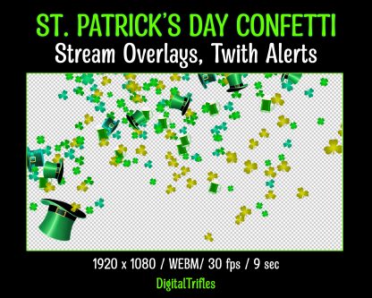 St. Patrick's Day animated alert and stream decoration. Festive confetti from clover leaves, green beer and green hats. Fullscreen Twitch overlay with a transparent background, funny decor for streamers and VTubers