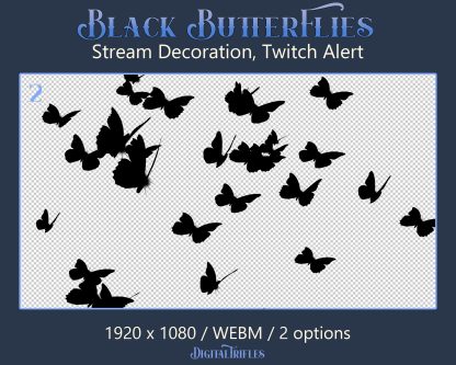 Black Butterflies flights, two animated Twitch overlays, stream alerts and decoration with transparent background. Gothic, witchcraft, witches themes, scary and mystic decor in dark aesthetic, for streamers and VTubers