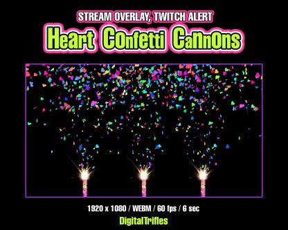 Animated confetti cannons shooting, Twitch alert, stream overlay with transparent background. Bright multicolored confetti in the shape of hearts with the sound of a gunshot