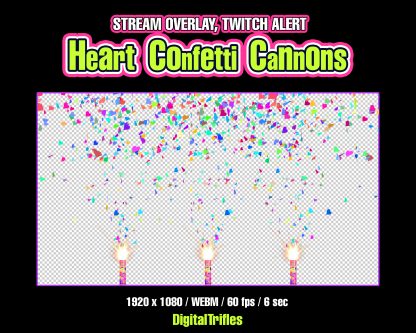 Animated confetti cannons shooting, Twitch alert, stream overlay with transparent background. Bright multicolored confetti in the shape of hearts with the sound of a gunshot