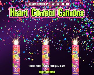 Animated confetti cannons shooting, Twitch alert, stream overlay with transparent background. Bright multicolored confetti in the shape of hearts with the sound of a gunshot