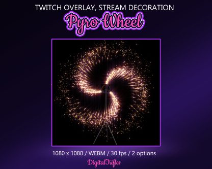 Animated spinning firework, Catherine wheel - Twitch overlay and stream decoration with transparent background. This rotating spark fountain effect is perfect for stage visuals, music streams, karaoke, birthdays, weddings, or festive stream moments