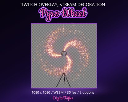 Animated spinning firework, Catherine wheel - Twitch overlay and stream decoration with transparent background. This rotating spark fountain effect is perfect for stage visuals, music streams, karaoke, birthdays, weddings, or festive stream moments