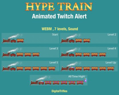 Bring big hype energy to your stream with this animated Hype Train alert! A retro-style locomotive rolls across the screen with a classic steam whistle and rhythmic wheel sounds — perfect for Twitch streamers and VTubers who want a fun and dynamic way to celebrate community support
