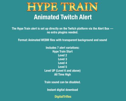 Bring big hype energy to your stream with this animated Hype Train alert! A retro-style locomotive rolls across the screen with a classic steam whistle and rhythmic wheel sounds — perfect for Twitch streamers and VTubers who want a fun and dynamic way to celebrate community support