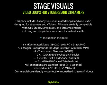 Magical and psychedelic animated loops for OBS — witchy symbols, glowing fractals, neon glyphs, serpentine energy, cold spark fountains, and a sacred tetrahedron. Seamless visuals for VTubers, DJs, and music streamers