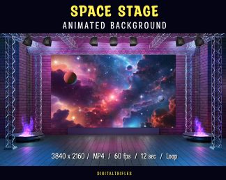 Animated background — stage for streamers and VTubers, space-themed Twitch overlay. A cosmic concert scene with purple galaxy sky and dancing flame torches on both sides creates a vivid setting for karaoke, musical performances, or fantasy-themed shows