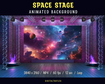 Animated background — stage for streamers and VTubers, space-themed Twitch overlay. A cosmic concert scene with purple galaxy sky and dancing flame torches on both sides creates a vivid setting for karaoke, musical performances, or fantasy-themed shows