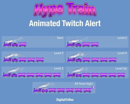 A retro-style locomotive rolls across the screen with a classic steam whistle and rhythmic wheel sounds — perfect for Twitch streamers and VTubers who want a fun and dynamic way to celebrate community support. Bring big hype energy to your stream with this animated Hype Train alert