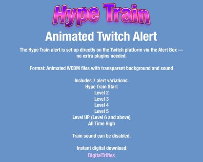 A retro-style locomotive rolls across the screen with a classic steam whistle and rhythmic wheel sounds — perfect for Twitch streamers and VTubers who want a fun and dynamic way to celebrate community support. Bring big hype energy to your stream with this animated Hype Train alert