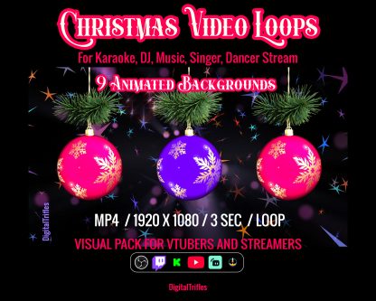 Christmas and New Year animated backgrounds for streamers and VTubers — designed to simulate vibrant stage visuals. Perfect for karaoke nights, Twitch musical performances, DJ or VJ sets, dance streams. This loopable video background set brings your virtual winter stage to life with movement, color, and energy