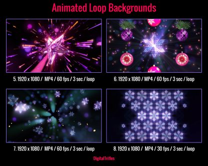 Christmas and New Year animated backgrounds for streamers and VTubers — designed to simulate vibrant stage visuals. Perfect for karaoke nights, Twitch musical performances, DJ or VJ sets, dance streams. This loopable video background set brings your virtual winter stage to life with movement, color, and energy