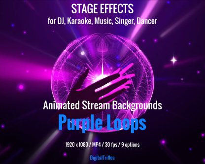 Purple animated backgrounds for streamers and VTubers — designed to simulate vibrant stage visuals. Perfect for karaoke nights, Twitch musical performances, DJ or VJ sets, dance streams. This loopable video background set brings your virtual stage to life with movement, color, and energy