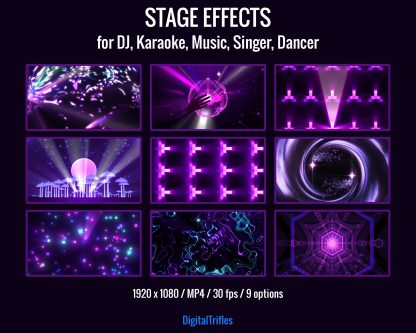 Purple animated backgrounds for streamers and VTubers — designed to simulate vibrant stage visuals. Perfect for karaoke nights, Twitch musical performances, DJ or VJ sets, dance streams. This loopable video background set brings your virtual stage to life with movement, color, and energy