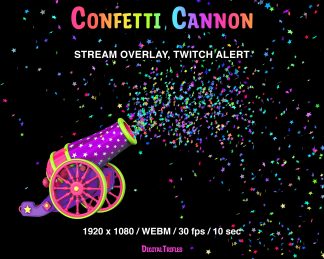Cute animated cannon shot with a burst of confetti, Twitch alert, stream overlay with transparent background. Bright multicolored confetti in the shape of stars shoot out from a firing cannon, accompanied by a gunshot sound