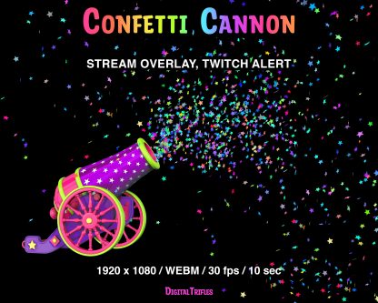 Cute animated cannon shot with a burst of confetti, Twitch alert, stream overlay with transparent background. Bright multicolored confetti in the shape of stars shoot out from a firing cannon, accompanied by a gunshot sound