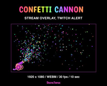 Cute animated cannon shot with a burst of confetti, Twitch alert, stream overlay with transparent background. Bright multicolored confetti in the shape of stars shoot out from a firing cannon, accompanied by a gunshot sound
