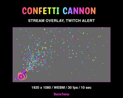 Cute animated cannon shot with a burst of confetti, Twitch alert, stream overlay with transparent background. Bright multicolored confetti in the shape of stars shoot out from a firing cannon, accompanied by a gunshot sound