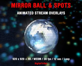 Rotating mirror ball with sparkle facets and disco ball spot effects. Set of 2 seamless loop files. Animated Twitch overlays, stream decoration, light assets for live stream parties, gaming or just chatting