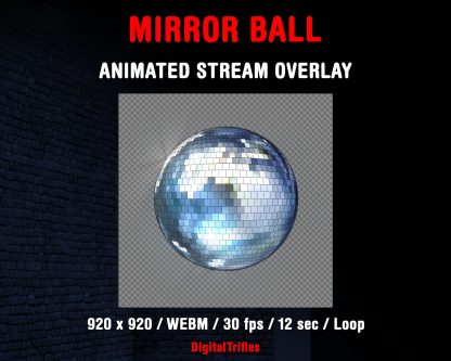Rotating mirror ball with sparkle facets and disco ball spot effects. Set of 2 seamless loop files. Animated Twitch overlays, stream decoration, light assets for live stream parties, gaming or just chatting